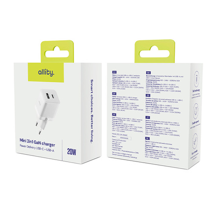 Allity GaN PD QC chargeur secteur ATC-01-20WAC 1x USB-C 1x USB-A 20W blanc