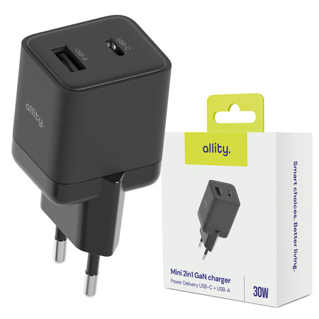 Allity GaN PD QC síťová nabíječka ATC-01-30WAC 1x USB-C 1x USB-A 30W černá