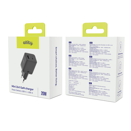 Allity GaN PD QC síťová nabíječka ATC-01-20WAC 1x USB-C 1x USB-A 20W černá