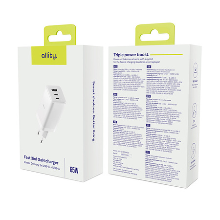 Allity ładowarka sieciowa GaN PD QC ATC-01-65WACC 2x USB-C + 1x USB-A 65W biała