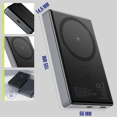 Allity wireless powerbank APB-300 PD QC 20W 10000 mAh gris magnétique