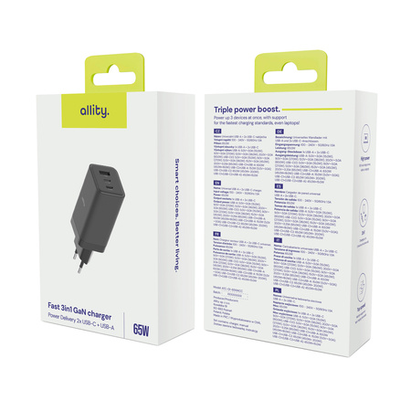 Allity GaN PD QC síťová nabíječka ATC-01-65WACC 2x USB-C + 1x USB-A 65W černá
