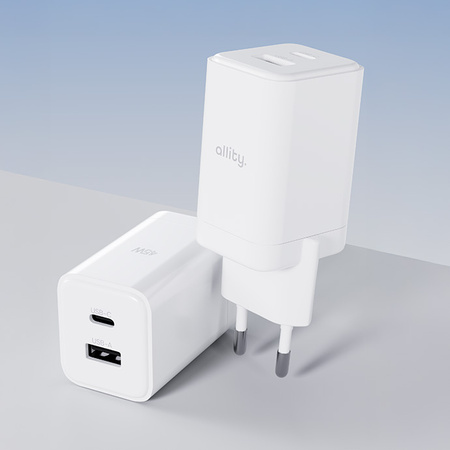 Allity GaN PD QC mains charger ATC-01-45WAC 1x USB-C 1x USB-A 45W white