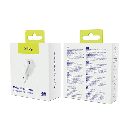 Allity GaN PD QC síťová nabíječka ATC-01-30WAC 1x USB-C 1x USB-A 30W bílá