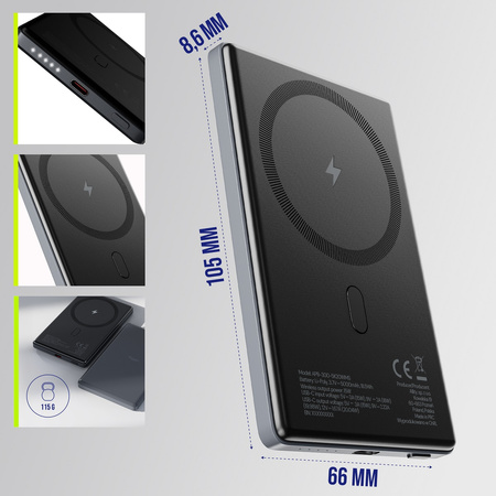 Allity powerbank bezprzewodowy APB-300 PD QC 20W 5000 mAh szary magnetyczny