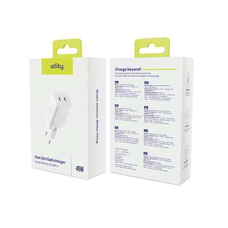 Allity GaN PD QC síťová nabíječka ATC-01-45WCC 2x USB-C 45W bílá
