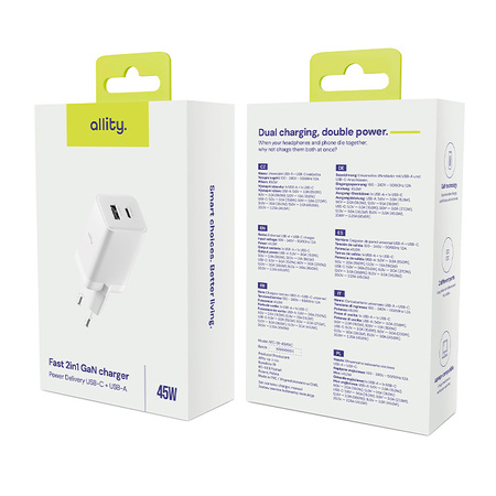 Allity GaN PD QC síťová nabíječka ATC-01-45WAC 1x USB-C 1x USB-A 45W bílá